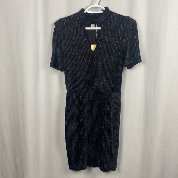 Anthropologie The Korner Black Silver Velvet Keyhole Mini Dress Ribbed - Size S - Picture 2 of 14